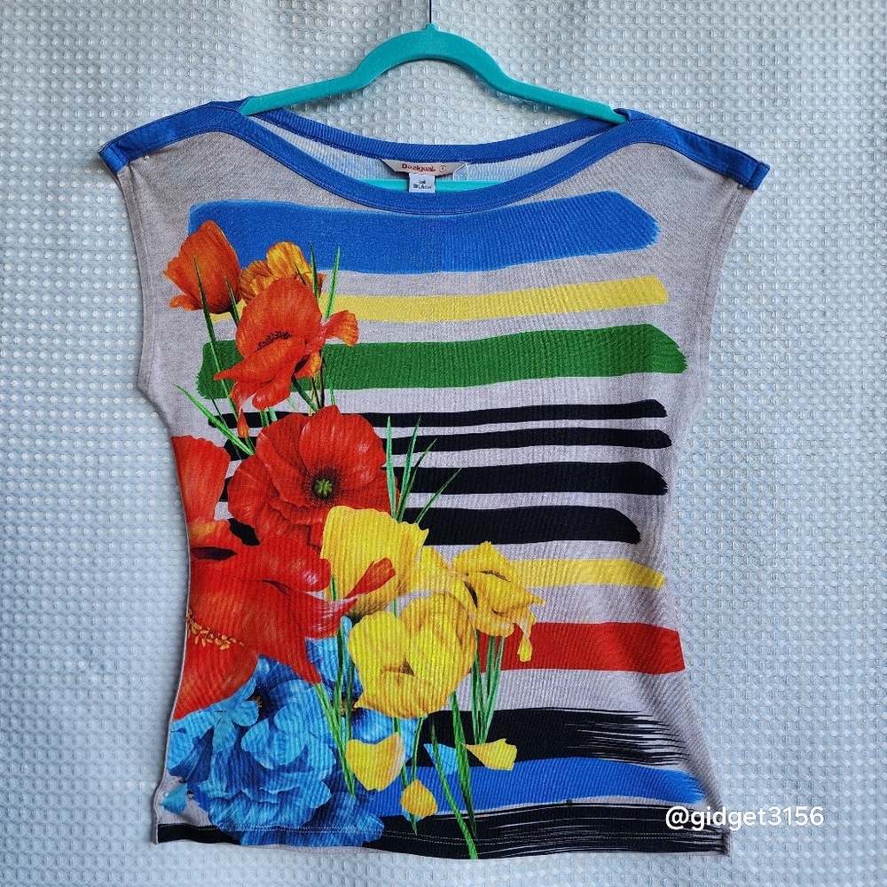 EUC DESIGUAL FLORAL & STRIPES BOATNECK SLEEVELESS T-SHIRT - SIZE SMALL